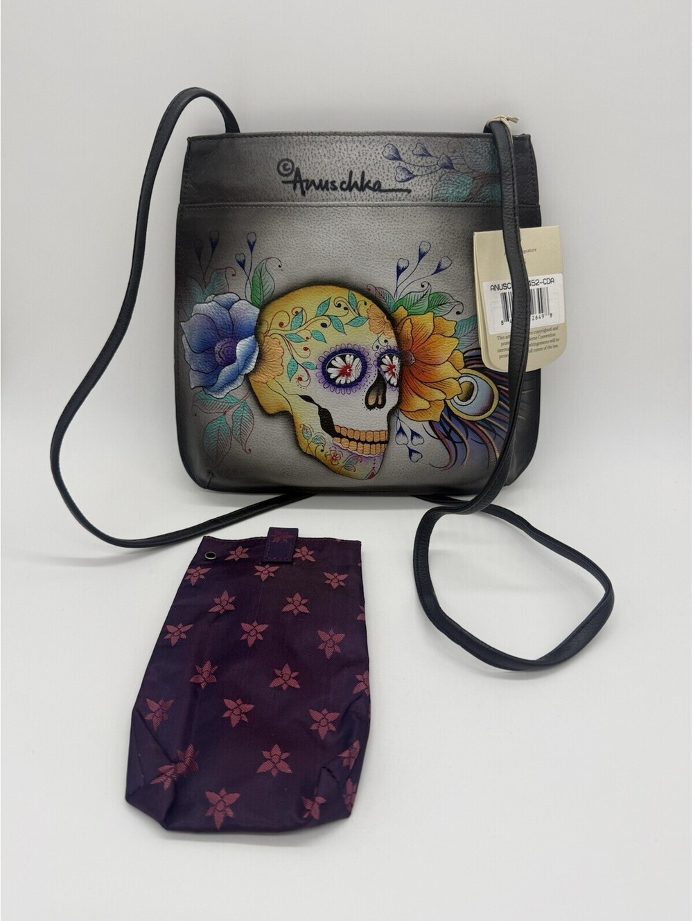 Anuschka Hand Painted Leather Sugar Skull Crossbody Bag NWT Pouch 452-CDA